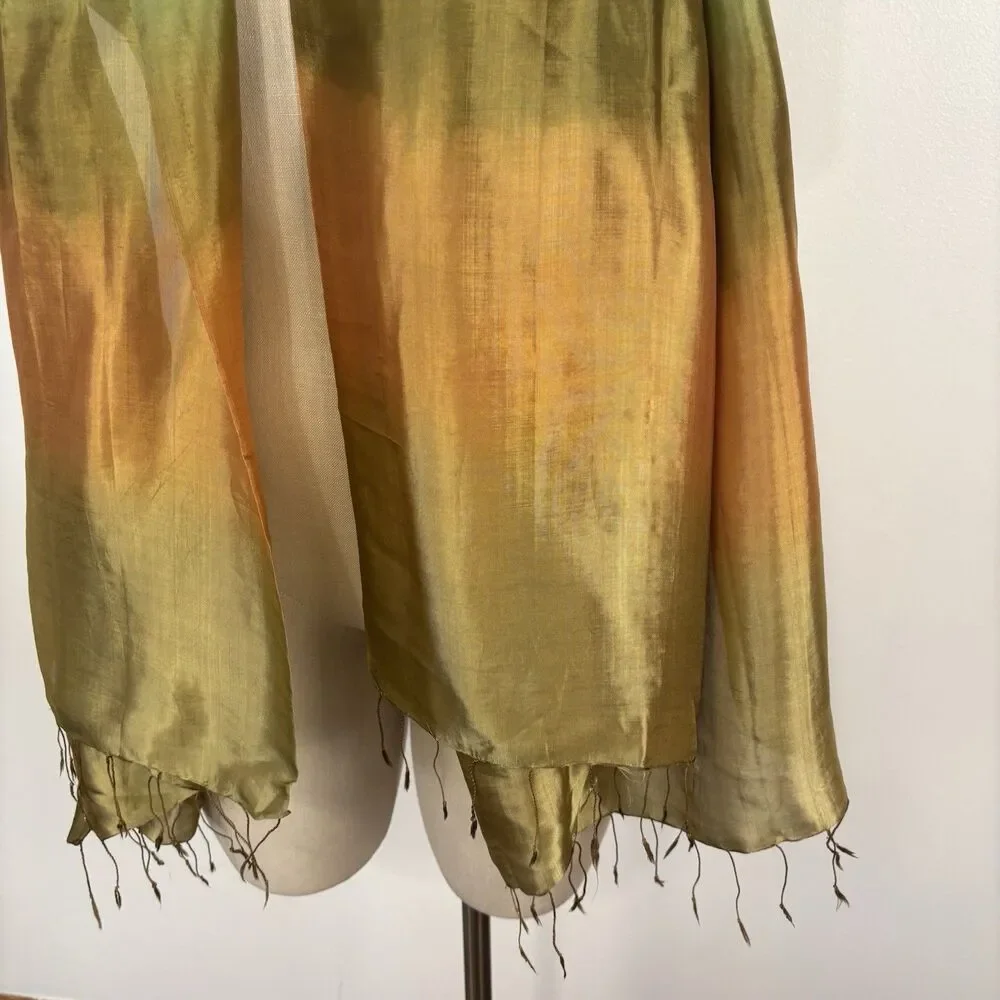 Vibrant Ombre Silk Scarf Olive Green Gold Gradient Fringe Lightweight Wrap Shawl